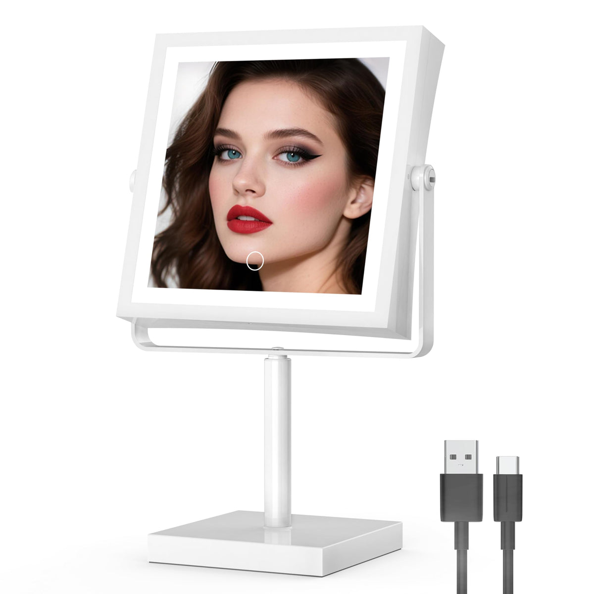 Ruacq Makeup Mirror with Lights 1X/10X Height Adjustable Matte Black | 8",4000mAh Rechargeable,Dual Sided Magnifying Vanity Mirror,3 Color Lights,Adjustable Brightness,Square,Gift for Women