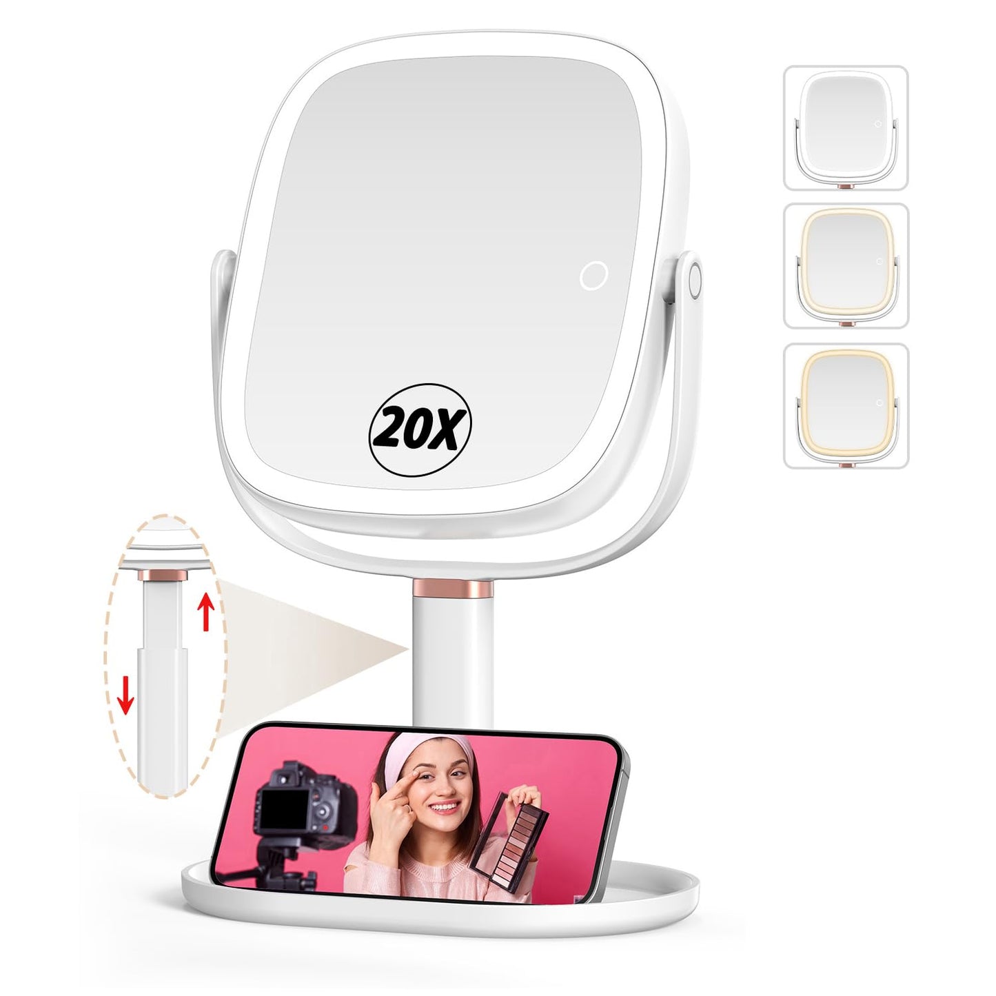 Mocado Makeup Mirror with Lights, 1X/20X Magnifying Mirror with Light | 3 Colors Lights, Phone Holder, 360° Rotation, Height Adjustable, 0-100% Brightness Adjustable, Memory Function (White)