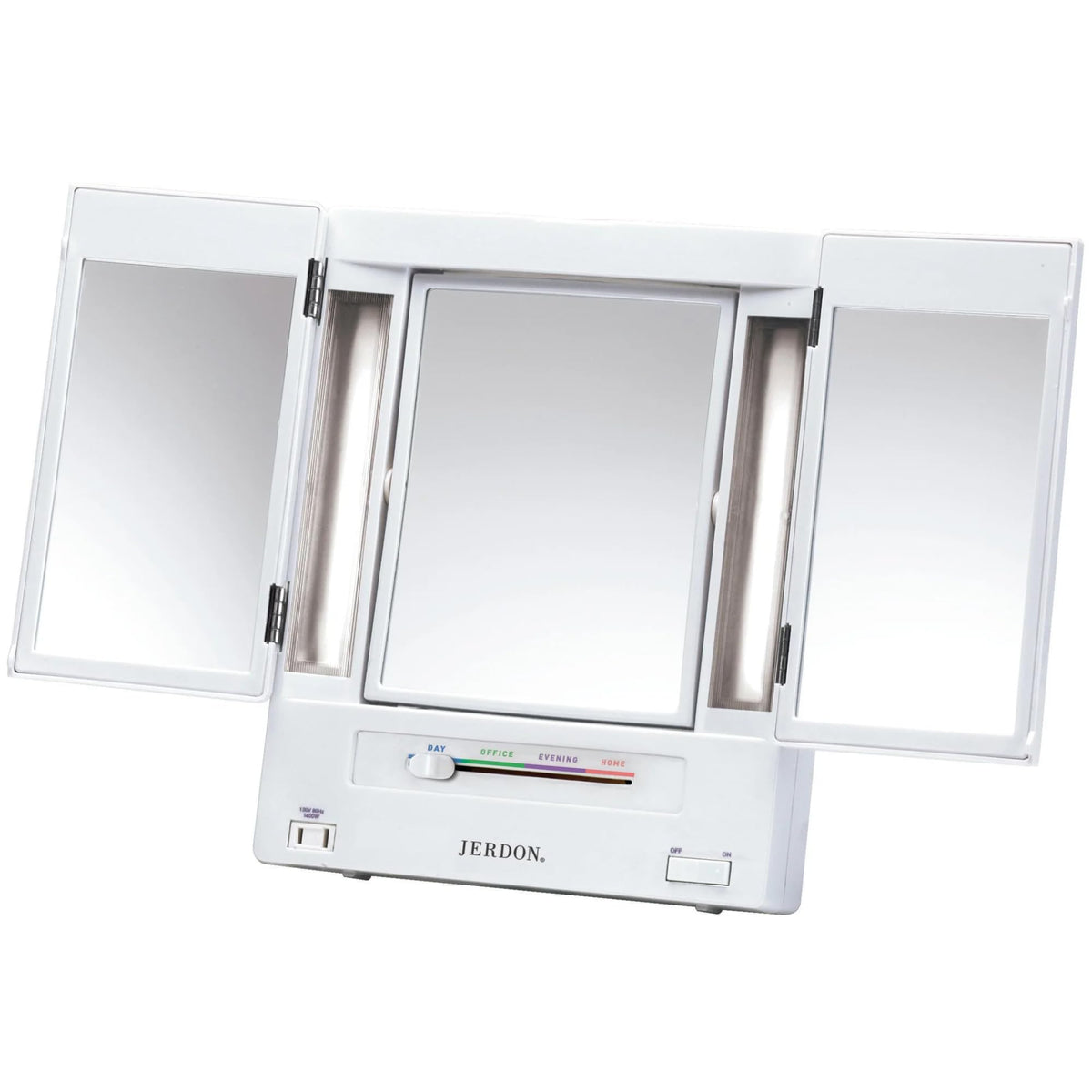JERDON Lighted Makeup Mirror with 5X Magnification - White - JGL9W | Tri-Fold Two-Sided Design, Multiple Light Settings