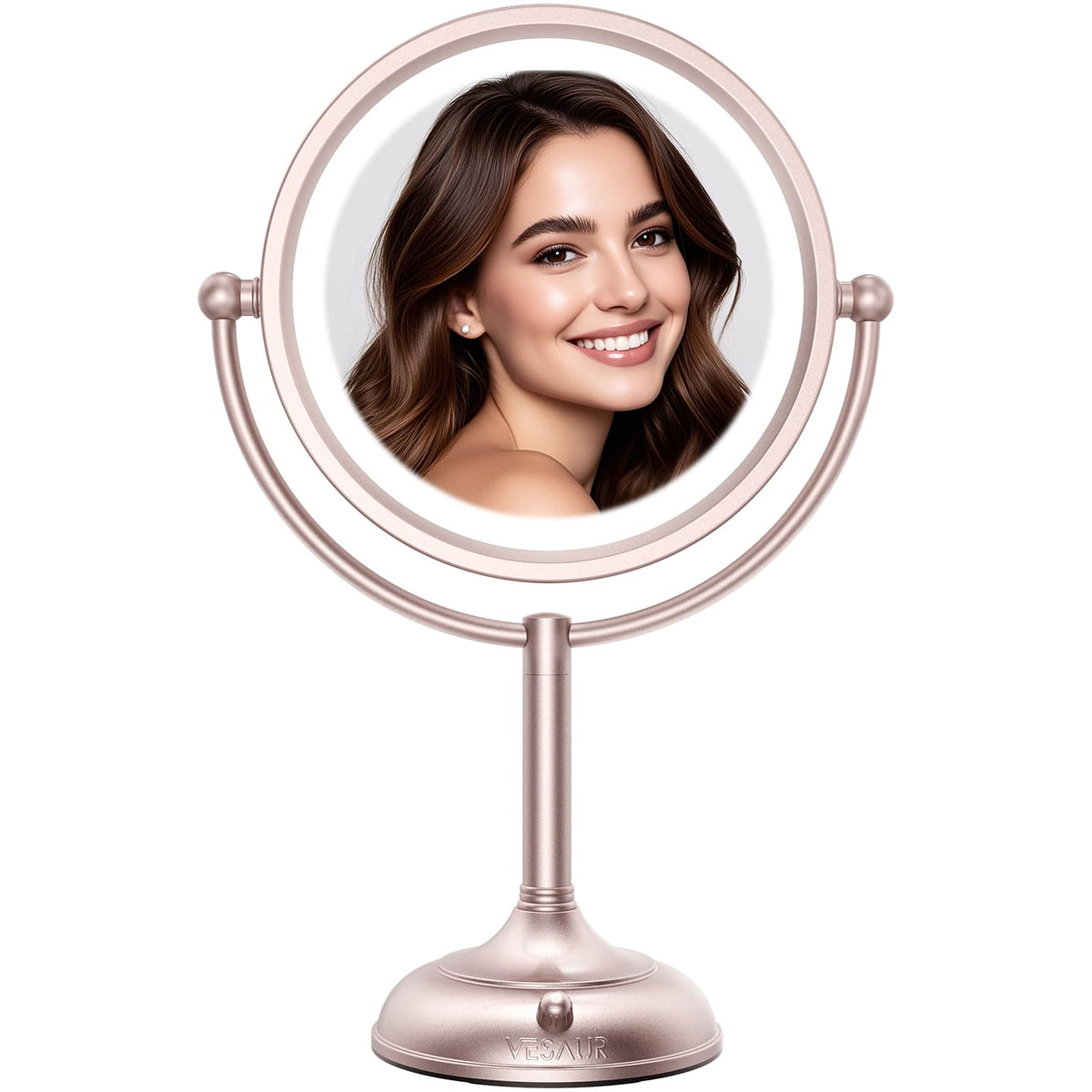 Professional 8.5" Large Lighted Makeup Mirror with Brighter Lights, 1X/10X True HD Magnifying Mirror with 3 Color Dimmable Lights, 90 Shadowless LEDs, 360°Swivel Seamless Vanity Mirror, Pearl Nickel