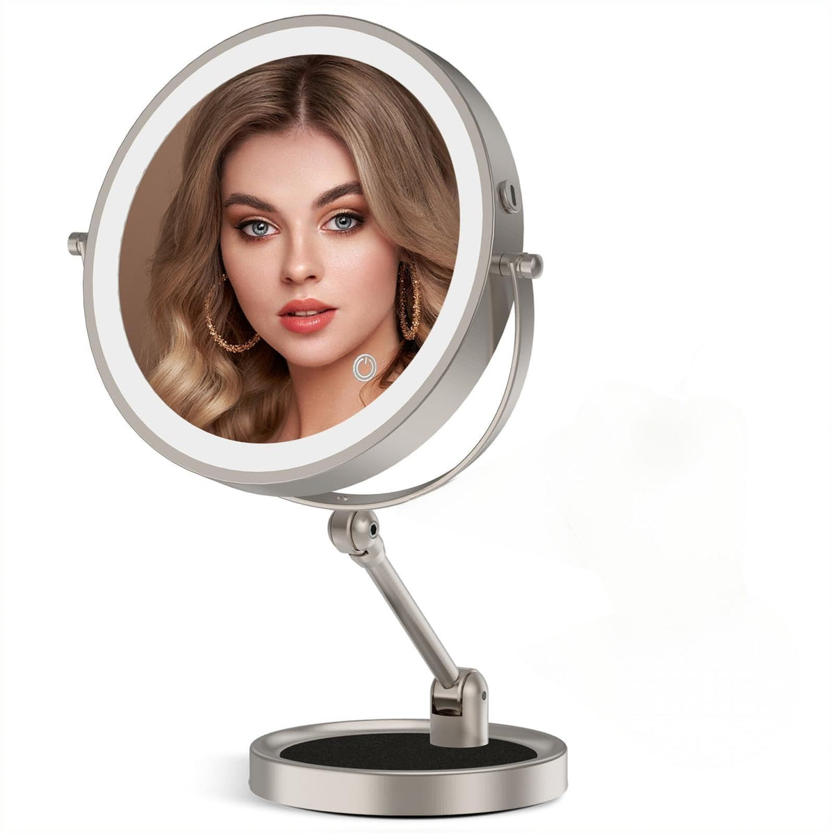 Tabletop Makeup Mirror with Built-in Vanity Tray, 9" Rechargeable 4000mAh Lighted Vanity Mirror 1X/10X Magnification, Height-Adjustable Arm, 3 Color Dimmable (9Inch Chrome)