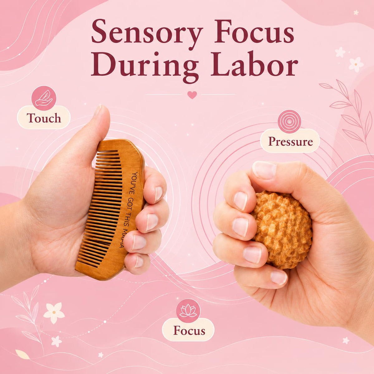 Birth Comb & Acupressure Massage Ball Set, Labor and Delivery Essentials | Wooden material, sensory focus, hospital bag essentials, mom-to-be gift