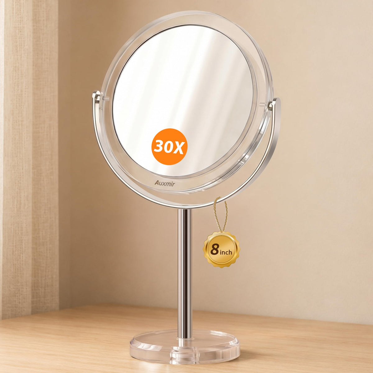 Auxmir 1X/30X Double-Sided Makeup Mirror, 6.7" Magnifying Mirror | 360°Rotation, Vanity Desk Table Stand Travel, Stainless Steel And Abs Construction, Tweezers, 30X Magnification