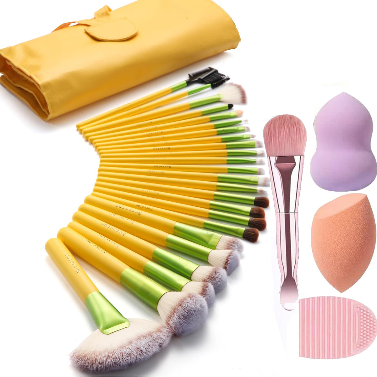 Complete Make Up Brush Sets for Women, NEVSETPO 28PCS Synthetic Makeup Kits Include 24 Makeup Brushes,2 Beauty Blenders, 1 Masks Spatula, 1 Cleaning Mat, Travel-Friendly Case