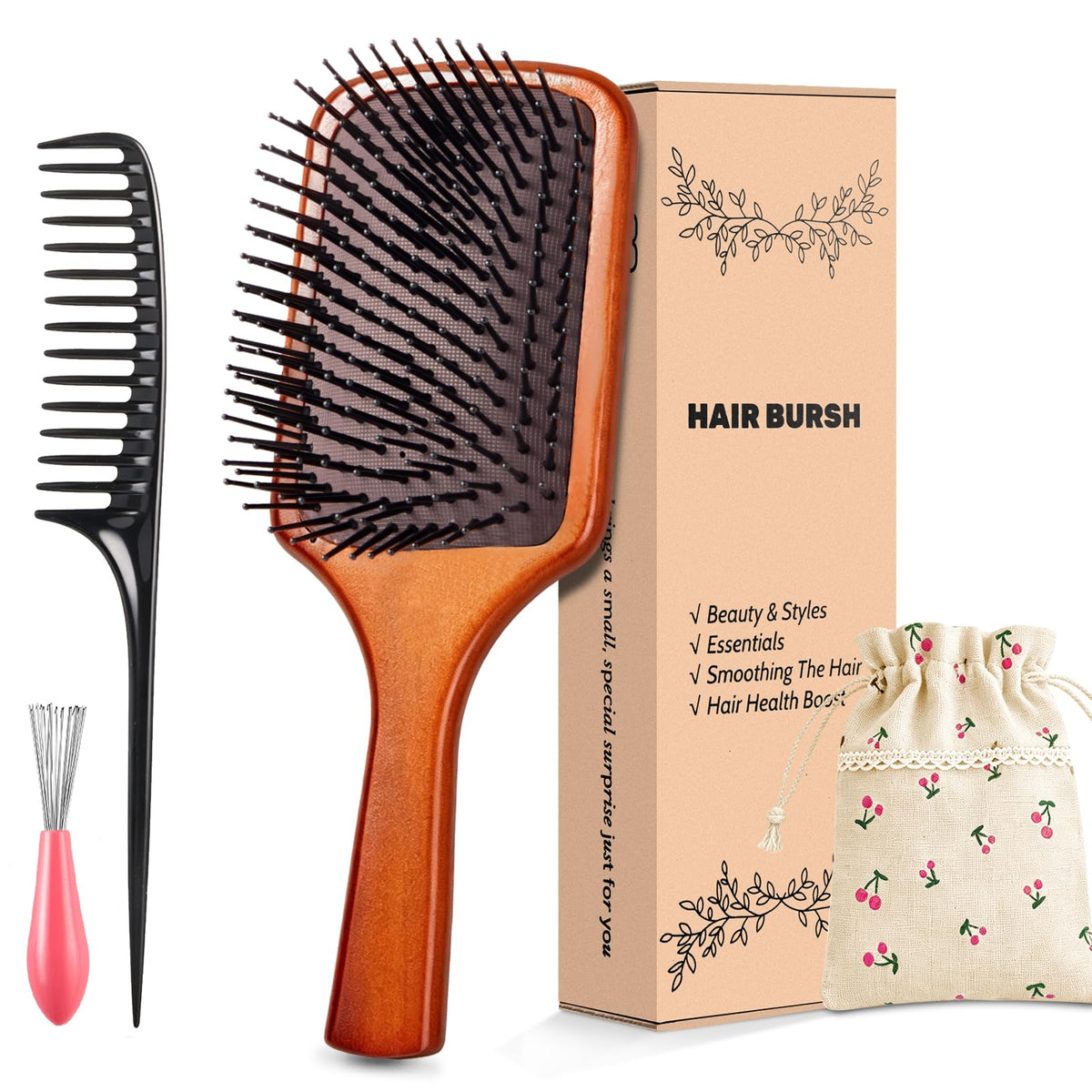 Wooden Hair Brush –Detangling Air Cushion Paddle, Anti-Static, Reduces Breakage, for Curly & Straight Hair, Wet & Dry Use for Women Men All Hair Types