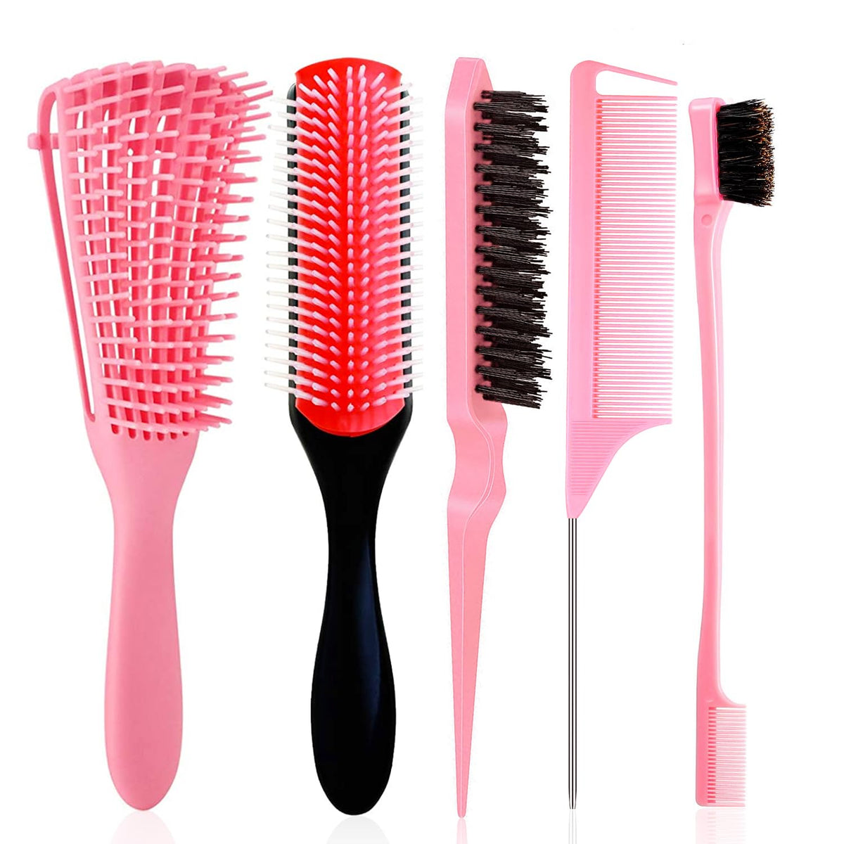 5 Pcs Detangling Brush Set Cushion Nylon Bristle Shampoo Brush Dual Edge Teasing Comb (Black-1)