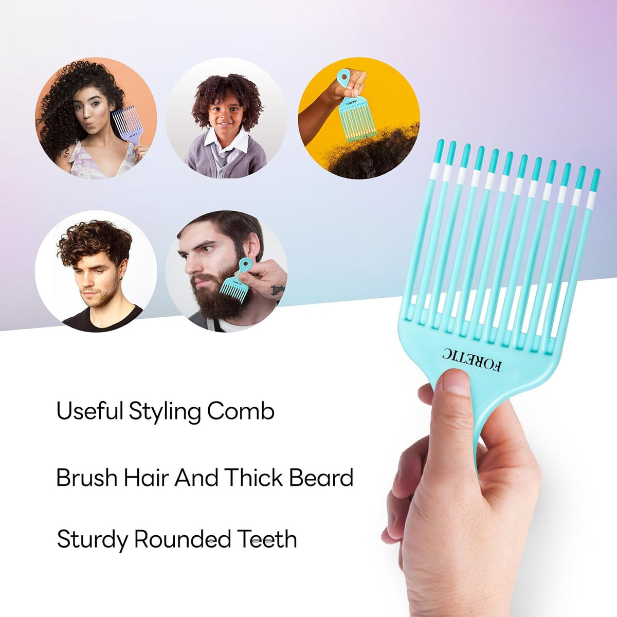 Smooth Hair Pick Comb for Curly, Thick, Medium to Long Hair, Facial Hair(Blue, Purple)