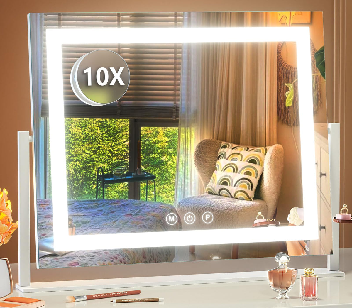 Gvnkvn Lighted Makeup Mirror, 17.3"x13" Hollywood Vanity Mirror with Led Lights, Three Color Lighting Modes, and 10X Magnification Mirror, Smart Touch Control, 360°Rotation (White, Gift Box)