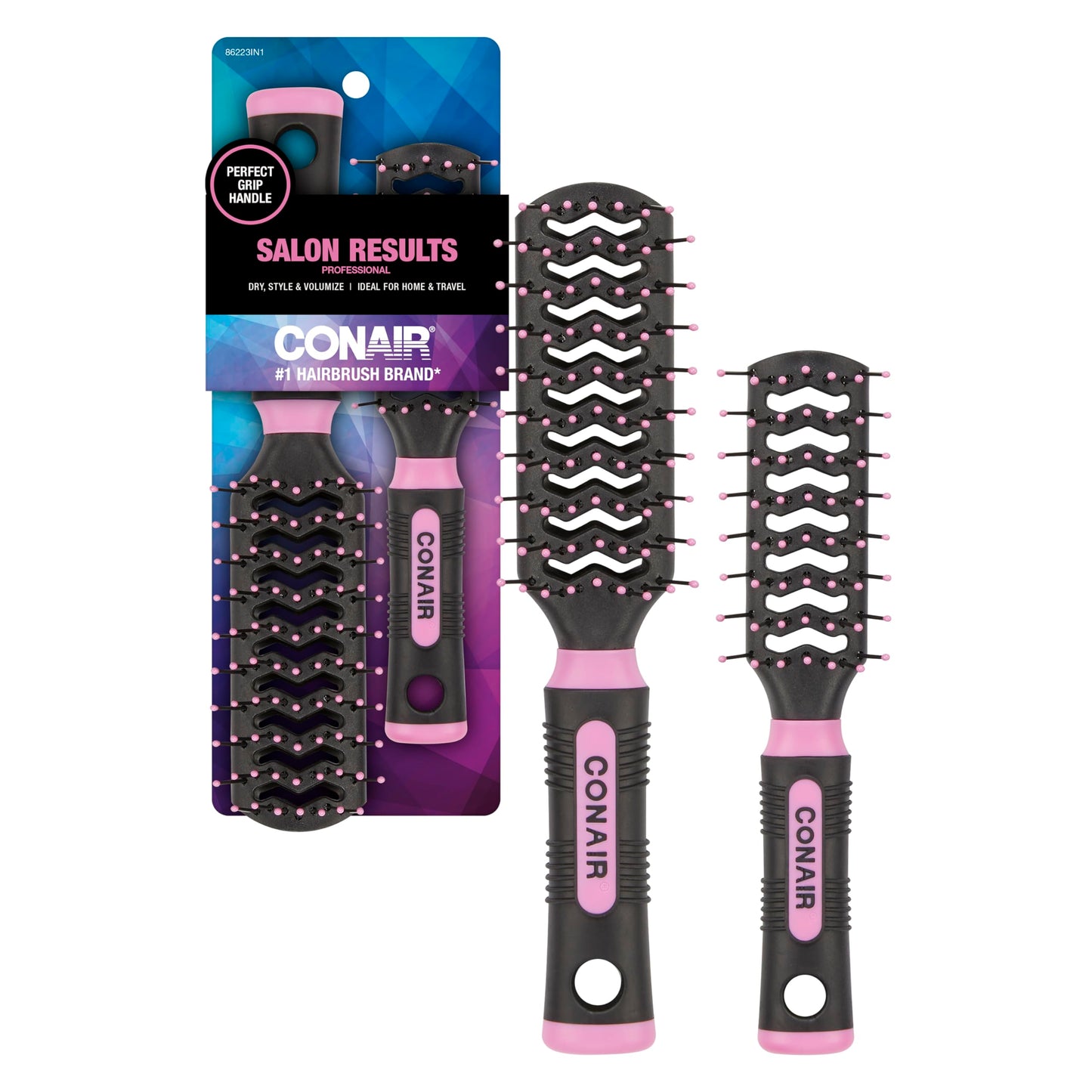 Conair Grip & Lift Vent Hairbrush, Full-Size and Mid-Size Brush Set, Nylon Bristle Hair Brushes for Blowout Styling, Value Pack, Color May Vary