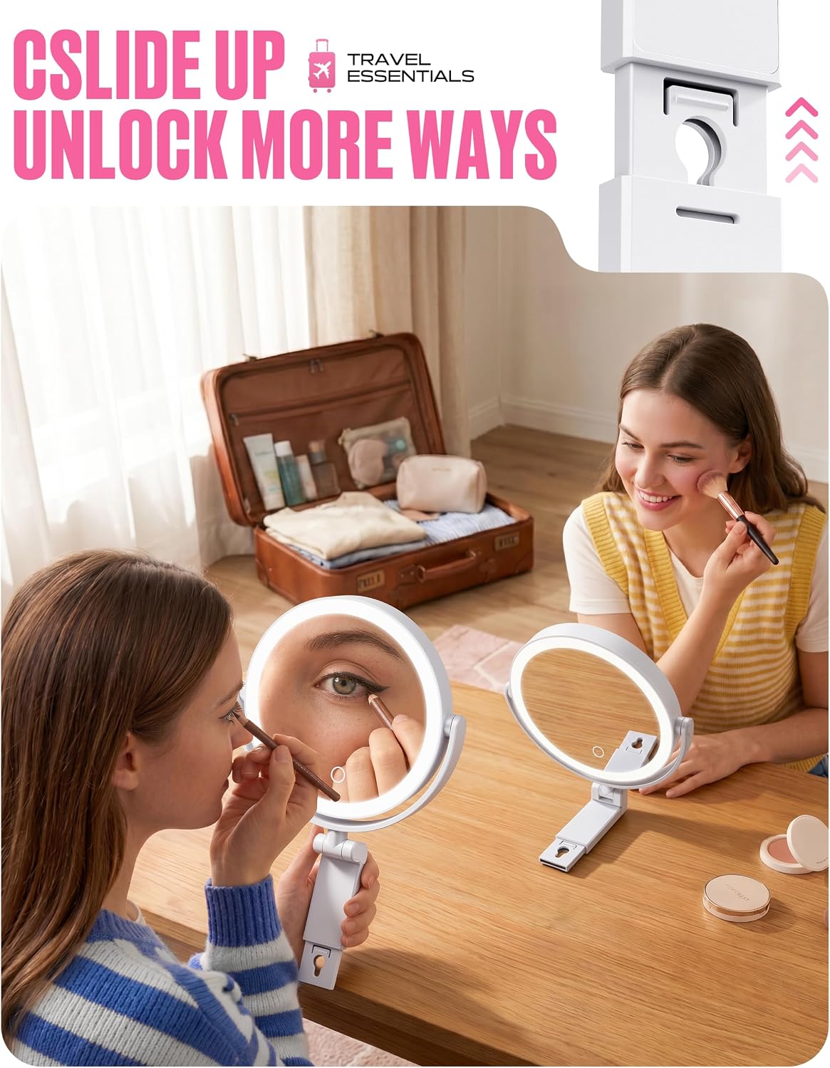Makeup Mirror with Lights - 1X/30X Magnifying Double Sided Mirror | 3 Color Lighting & Stepless Dimming, 2000mAh Rechargeable, Foldable Portable, 7 Inches