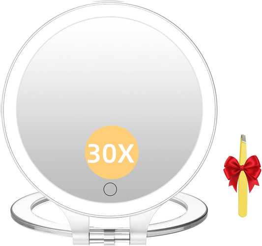 Travel 30X/1X Magnifying Mirror with Light Double Sided Mirror | Rechargeable Lighted Makeup Mirror with 3 Color Setting & Stepless Dimming, Adjustable LED Vanity Mirror