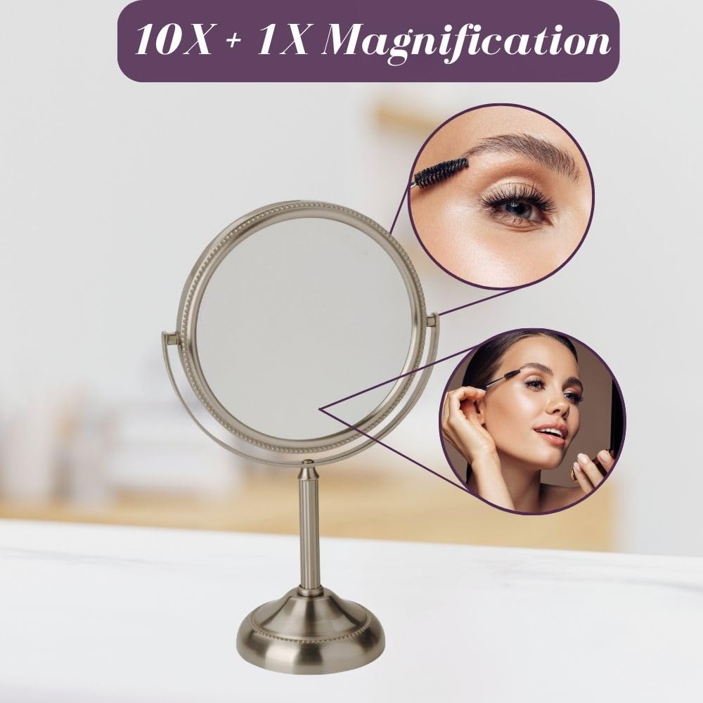 JERDON 6" Tabletop Makeup Mirror - 10X Magnification - Nickel - JP910NB | Two-Sided Swivel Design, 11" Tall, Portable