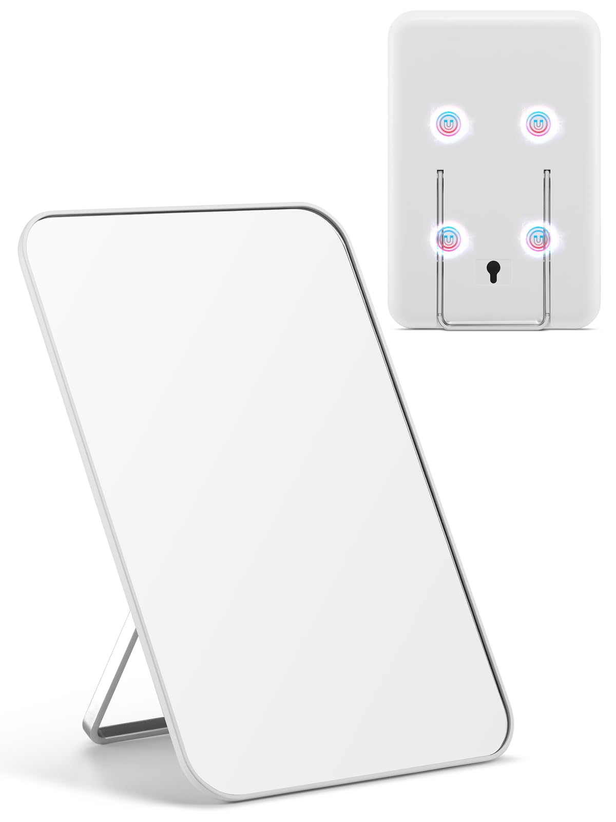 OMIRO 8 x 5 in Desk Makeup Mirror with Stand and Hanging Hole, White | Table Mirror with Foldable Bracket, Travel Mirror for Men and Women, Shaving and Travel, Distortion-Free Reflection