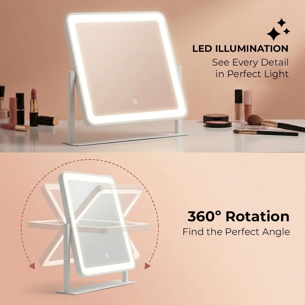 12" x 14" Vanity Mirror with Light, Lighted Makeup Mirror | 3 Color Lighting and Stepless Dimming, Plug-in Required, Memory, Easy Installion, Smart Touch, White