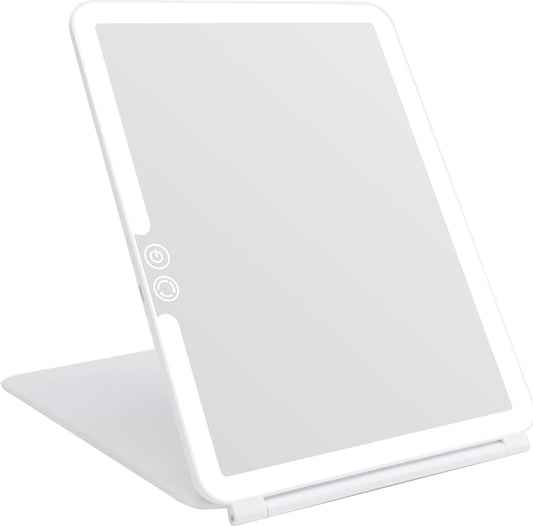 Folding Lighted Makeup Mirror with 72 LEDs 3 Colors Light Modes USB Rechargable 1800mA Batteries Portable Ultra Thin Compact Vanity Mirror Dimmable Travel Mirror