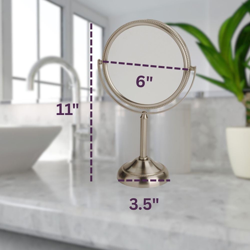 JERDON 6" Tabletop Makeup Mirror - 10X Magnification - Nickel - JP910NB | Two-Sided Swivel Design, 11" Tall, Portable