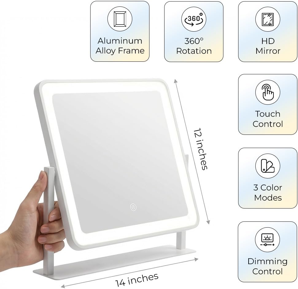 12" x 14" Vanity Mirror with Light, Lighted Makeup Mirror | 3 Color Lighting and Stepless Dimming, Plug-in Required, Memory, Easy Installion, Smart Touch, White