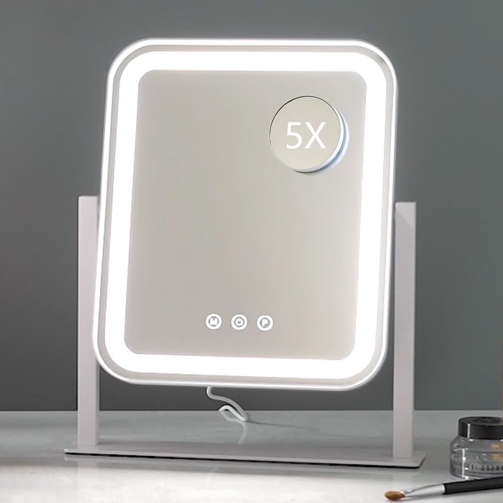 HIEEY Vanity Mirror with Lights, 13.5" x 17.4" Makeup Mirror with Lights, Three Color Lighting Modes, and 5X Magnification Mirror, Smart Touch Control, 360°Rotation (White,Gift Box)