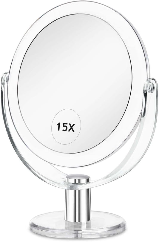CLSEVXY Vanity Makeup Mirror with Stand, 1X/15X Magnification Double Sided 360 Degree Swivel, Portable Table Desk Counter top Magnifying Mirror, Tabletop Mirror for Bedroom or Dorm Room, 6.25 Inch