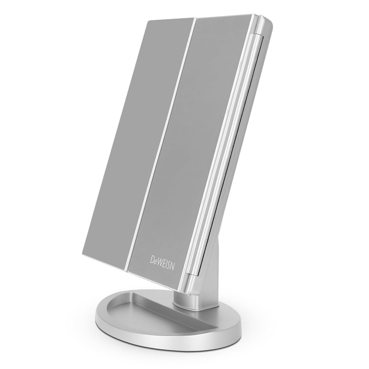 Floor Mount Tri-Fold Lighted Vanity Mirror with 21 LED Lights, Touch Screen and 3X/2X/1X Magnification, Two Power Supply Modes Make Up Mirror,Travel Mirror