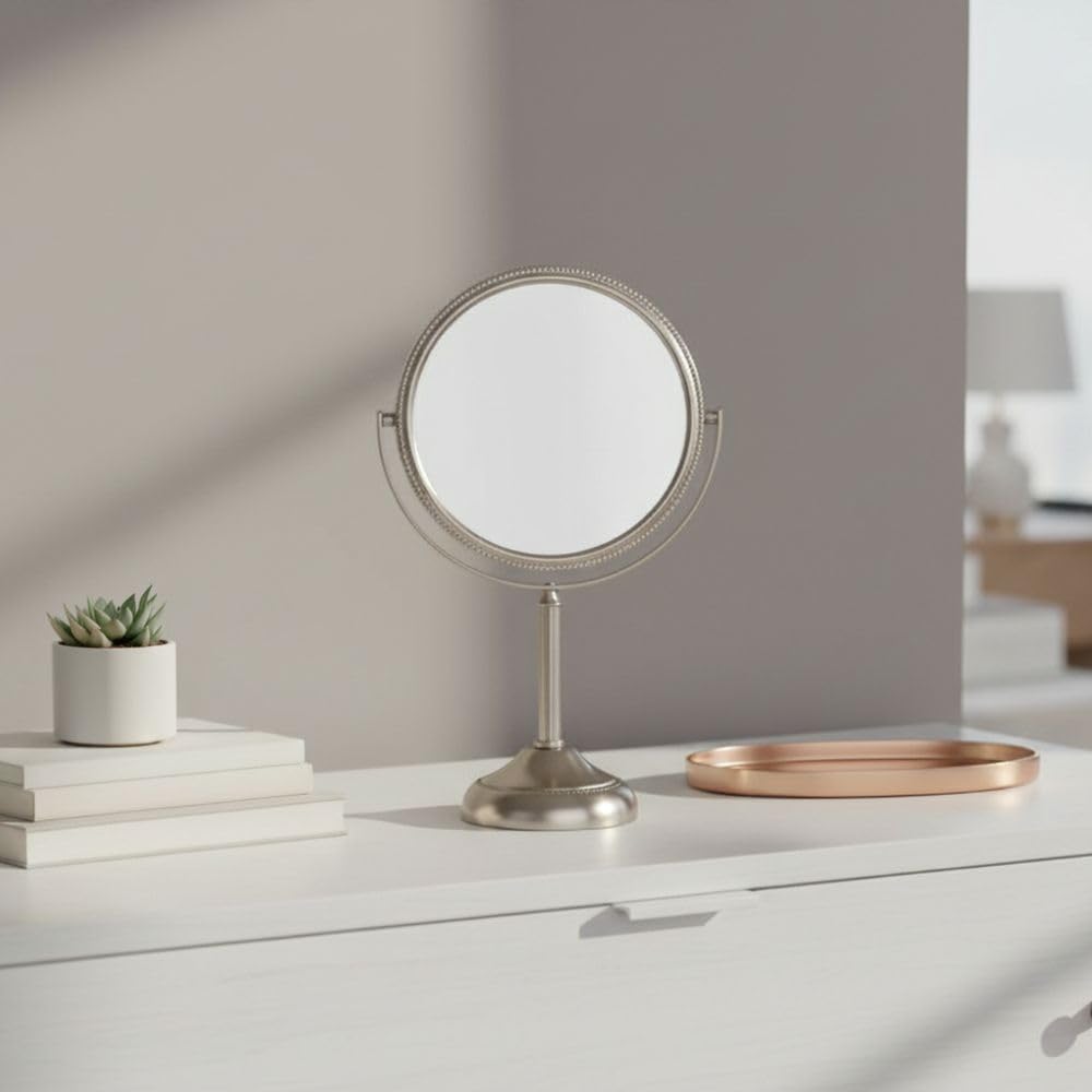 JERDON 6" Tabletop Makeup Mirror - 10X Magnification - Nickel - JP910NB | Two-Sided Swivel Design, 11" Tall, Portable