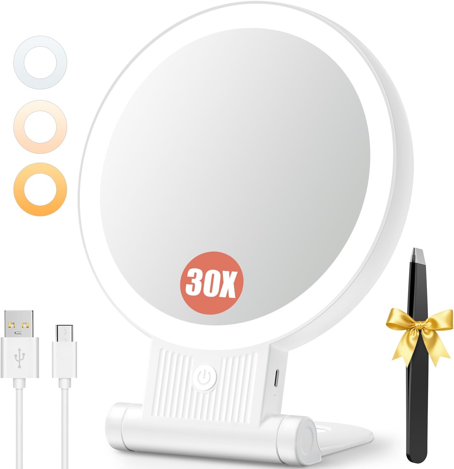 Auxmir 30X/1X Makeup Magnifying Mirror with Light, BM-2403 | double-sided button, adjustable 3 color lights, foldable design, desk mirror for travel women, 2000mAh battery, twezzers