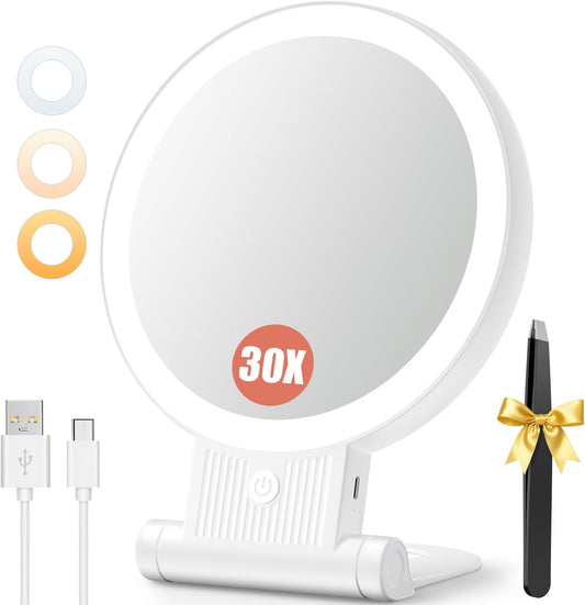 Auxmir 30X/1X Makeup Magnifying Mirror with Light, BM-2403 | double-sided button, adjustable 3 color lights, foldable design, desk mirror for travel women, 2000mAh battery, twezzers