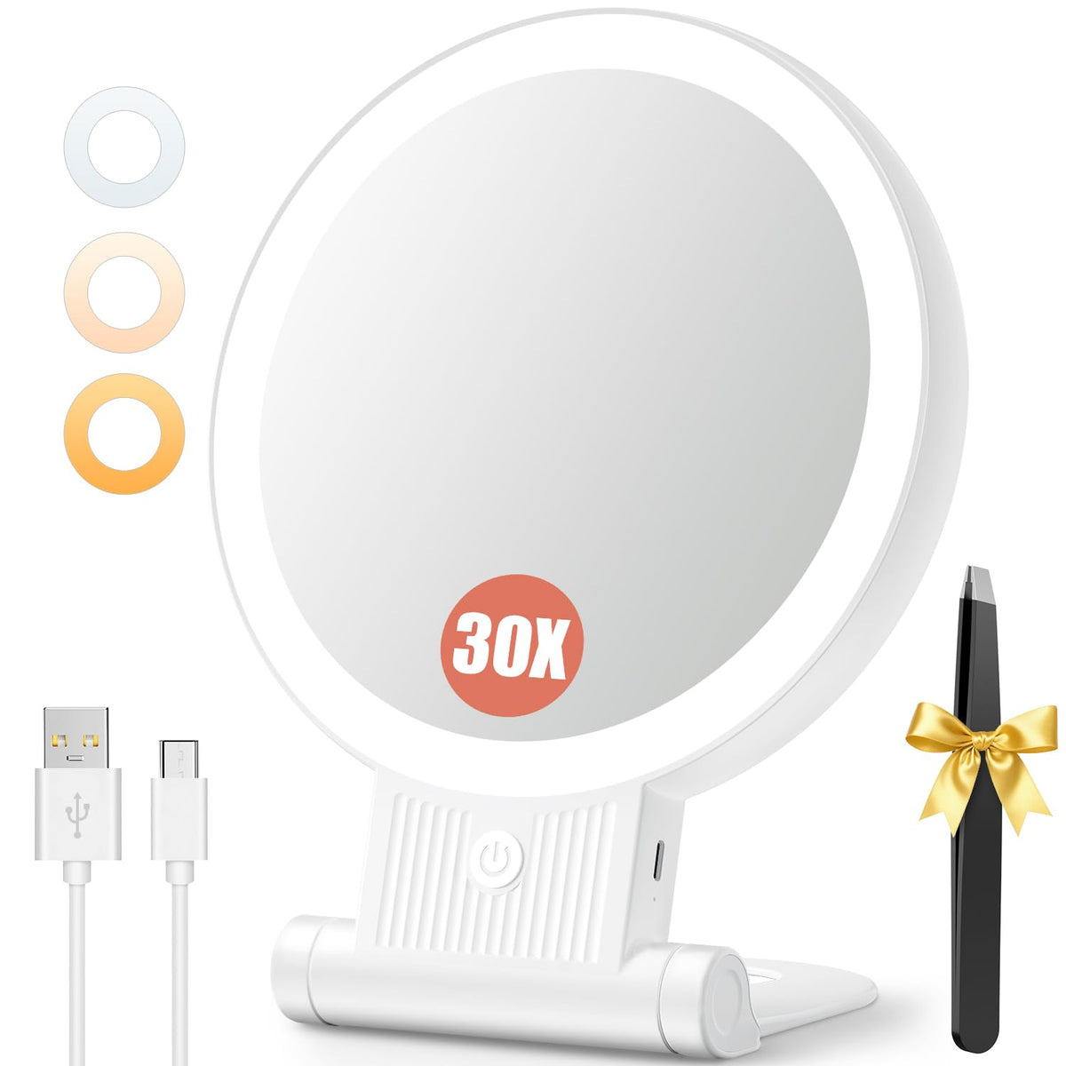 Auxmir 30X/1X Makeup Magnifying Mirror with Light, BM-2403 | double-sided button, adjustable 3 color lights, foldable design, desk mirror for travel women, 2000mAh battery, twezzers
