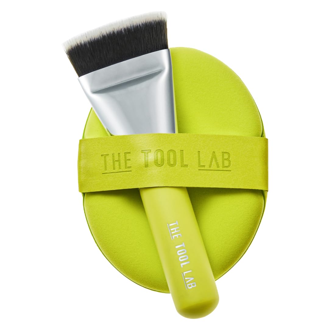 THE TOOL LAB All Day Fitting Duo (Glow type) - Premium Base Makeup Set for Liquid Cream Powder Foundation, Buffing Blending Face Brush, Sponge, Portable Case - 1.1" Flat Top Brush