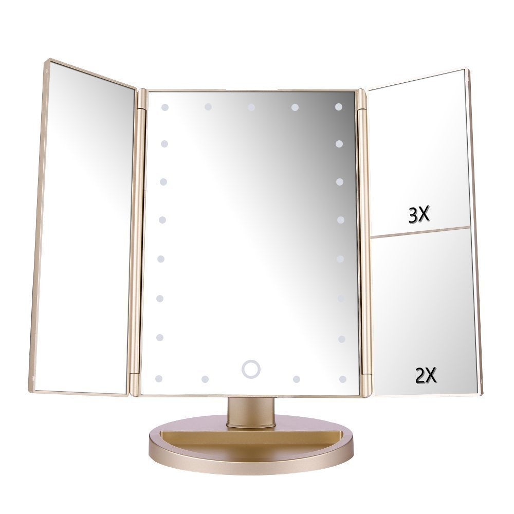 Dresser Mount Tri-Fold Lighted Vanity Mirror with 21 LED Lights, Touch Screen and 3X/2X/1X Magnification, Two Power Supply Modes Make Up Mirror,Travel Mirror