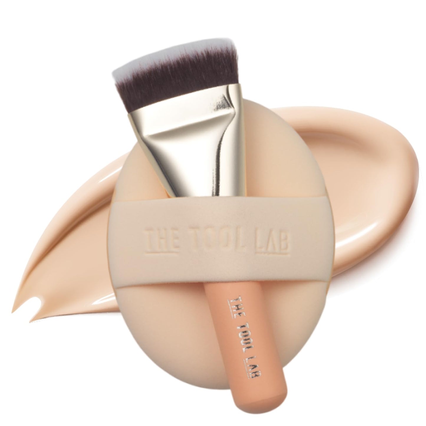 THE TOOL LAB All Day Fitting Duo (Glow type) - Premium Base Makeup Set for Liquid Cream Powder Foundation, Buffing Blending Face Brush, Sponge, Portable Case - 1.1" Flat Top Brush