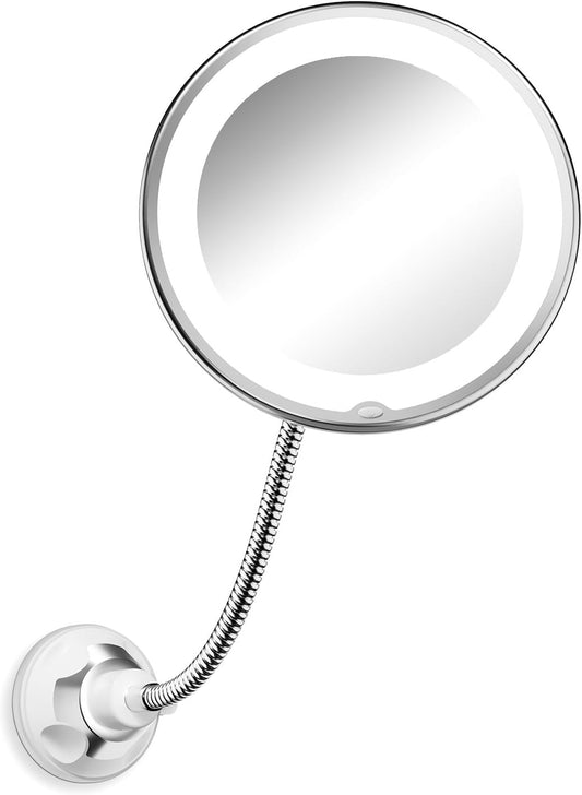 10x Magnifying Mirror with Light, Flexible Gooseneck Travel Make up Mirror | Wall Mount Mirror with Lights and Magnification, Battery Operated Cordless with Suction Cups for Bathroom Silver 1 Lighting