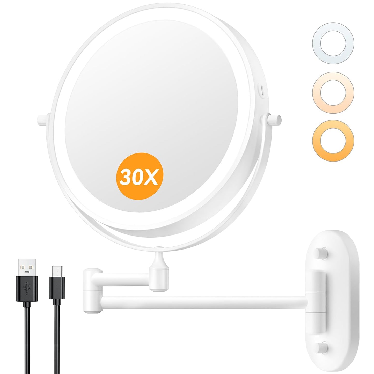Auxmir 1X/30X Wall Mounted Makeup Mirror, 8" Rechargeable Magnifying Mirror | double-sided button, 3200mAh, 3 dimmable colors, 360° rotation, extended arm, 30X magnification, bathroom, nickel