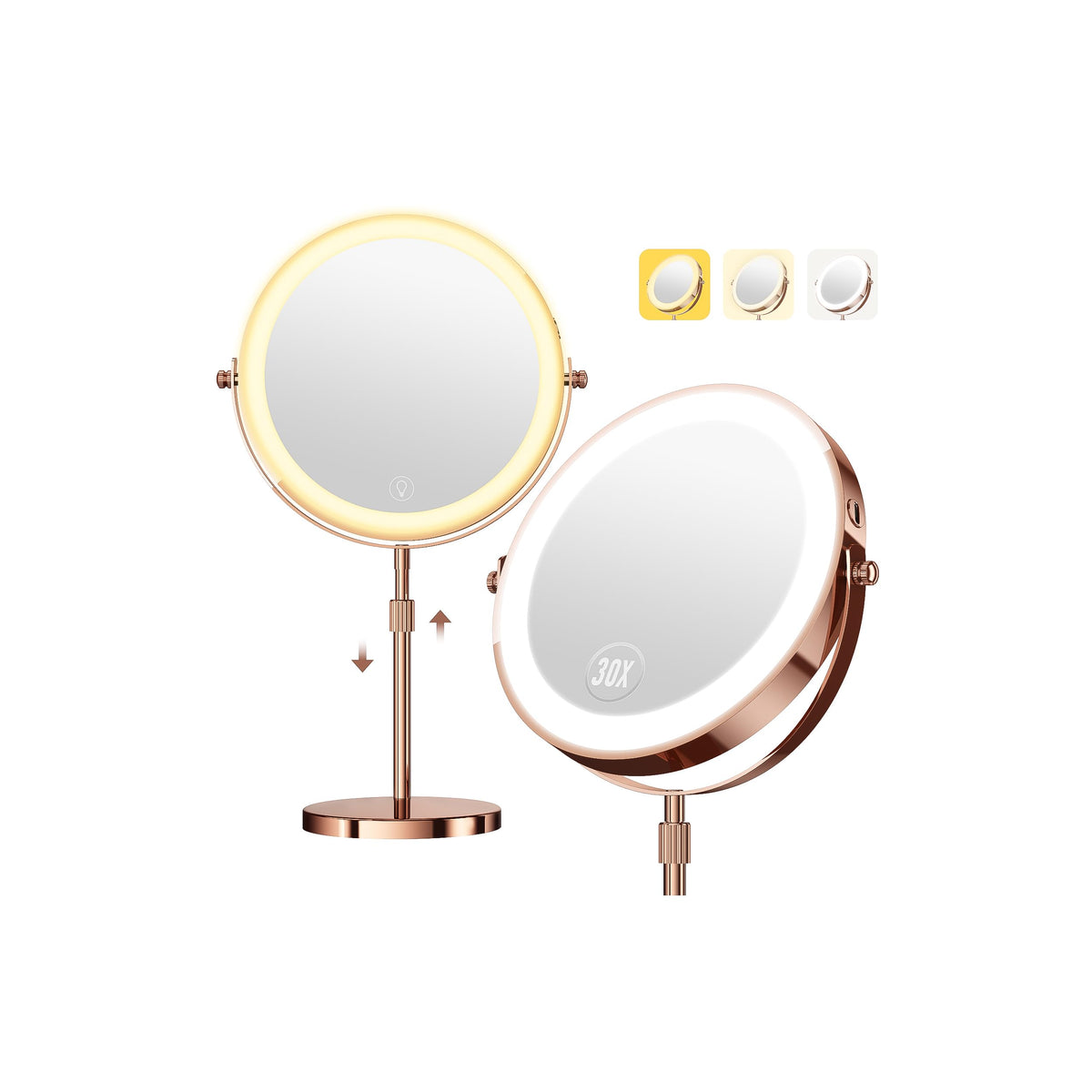 30X Magnifying Makeup Mirror with Lights, Height Adjustable Double Sided Vanity Mirror, 360° Rotation Cosmetic Mirror for Desk Bathroom - Antique Bronze