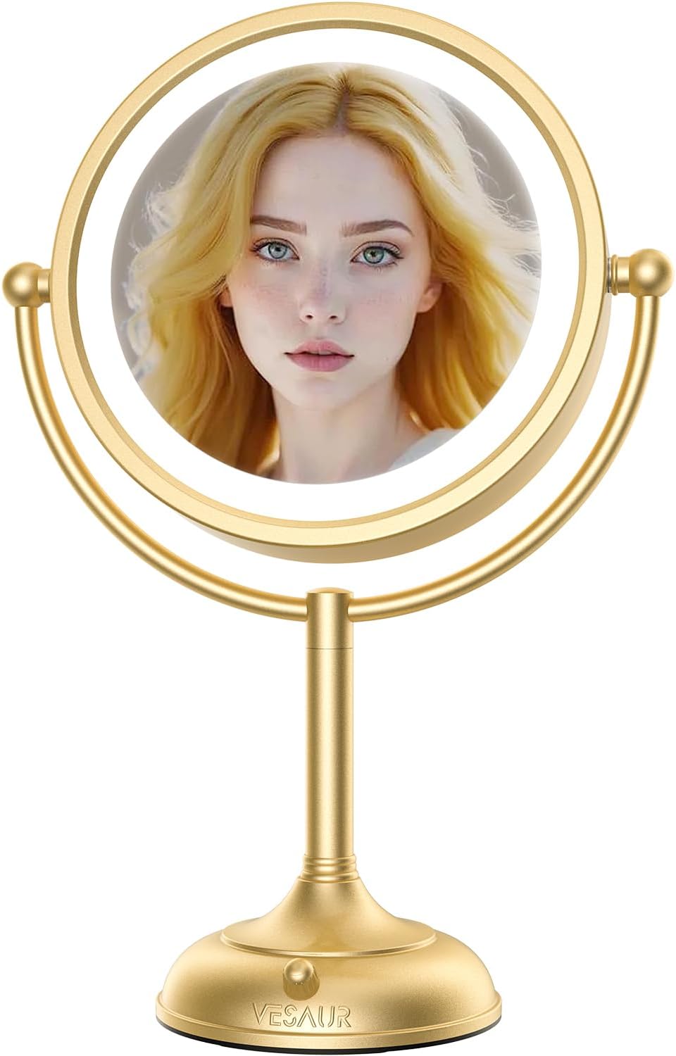 Professional 8.5" Large Lighted Makeup Mirror with Brighter Lights, 1X/10X True HD Magnifying Mirror with 3 Color Dimmable Lights, 90 Shadowless LEDs, 360°Swivel Seamless Vanity Mirror, Gold Nickel