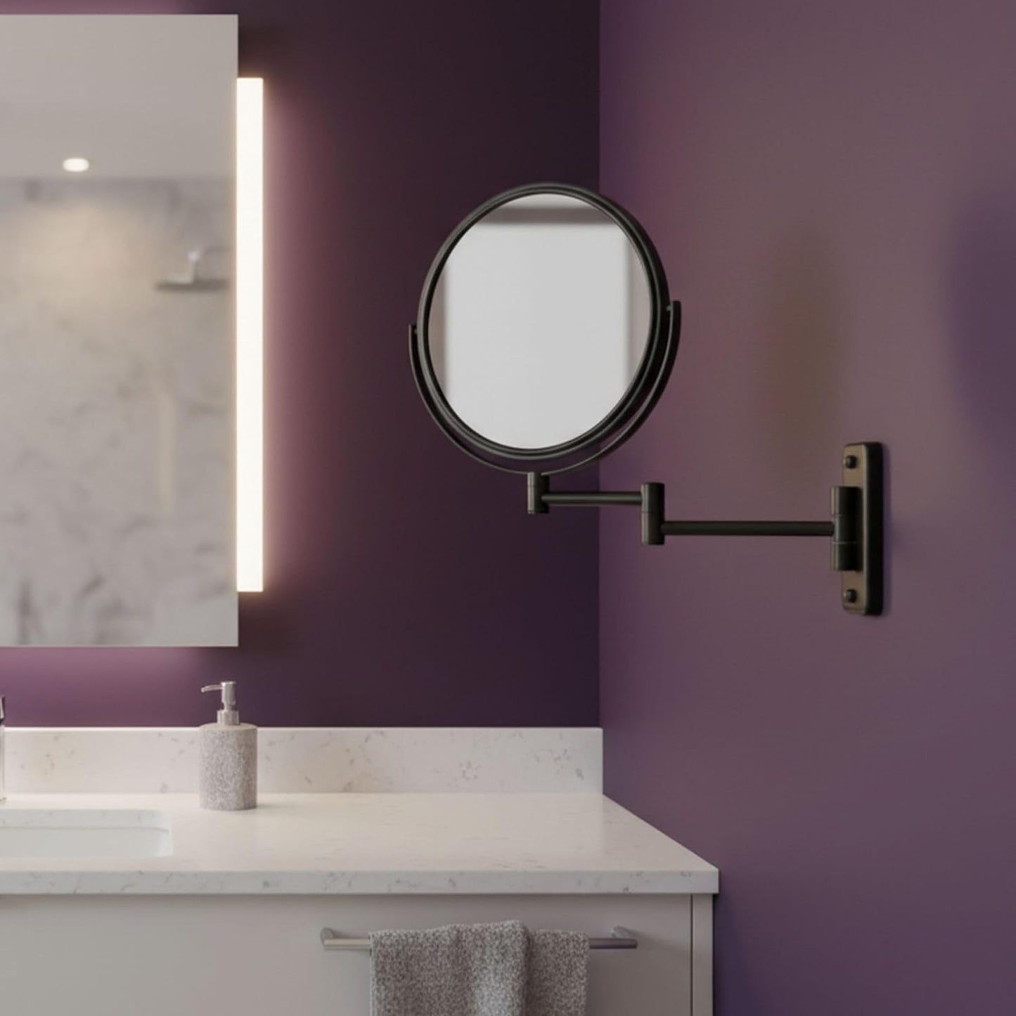JERDON Wall-Mounted Makeup Mirror - 5X Magnification - Black - JP7506BK | 8" Round Frame, 13.5" Wall Extension Arm