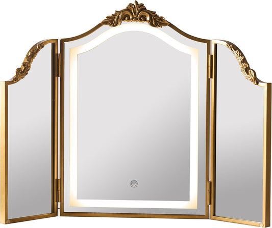 HSDDHOME Antique Gold Triple Fold Makeup Mirror with Tri-Color LED Lighting & Dimming, Baroque Carved Arch Vintage Vanity Mirror, Bohemian Decor for Bedroom/Dressing Room, 31x23 Inch