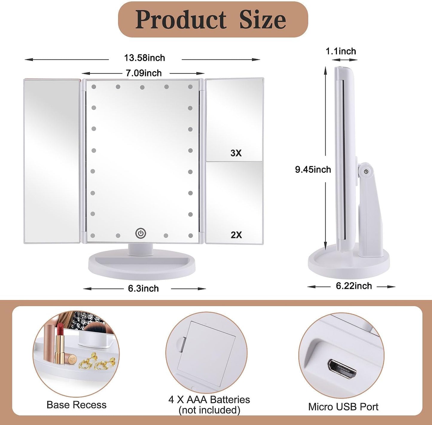 Floor Mount Tri-Fold Lighted Vanity Mirror with 21 LED Lights, Touch Screen and 3X/2X/1X Magnification, Two Power Supply Modes Make Up Mirror,Travel Mirror