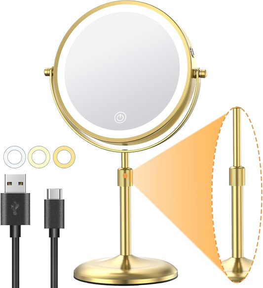 Gospire 7" Lighted Makeup Mirror, 1X/10X Magnification, Height Adjustable | 3 Color Dimmable Lights, 360° Swivel, Double Sided, Rechargeable LED Cosmetic Vanity Mirror, Cordless Standing Mirrors