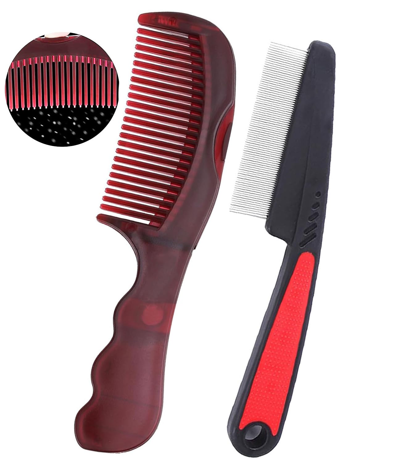Dandruff Comb Removal 2PC Hollow Fine Tooth Scalp Detox Hair Care Tool | Build Up Flake Lice Comb, 0.5 & 2mm Stainless Steel Teeth, Self Cleaning, Button Release, Scalp Massage Handle, Women Men Kid