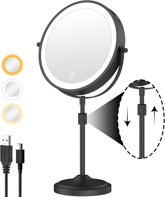 9" Tall Lighted Makeup Mirror with Lights and 1X 10X Magnification, Black | 5000mAh Rechargeable Magnifying Vanity Mirror Height Adjustable,Light Up,3 Colors,Dimmable,Cordless,Tall Telescoping Stand