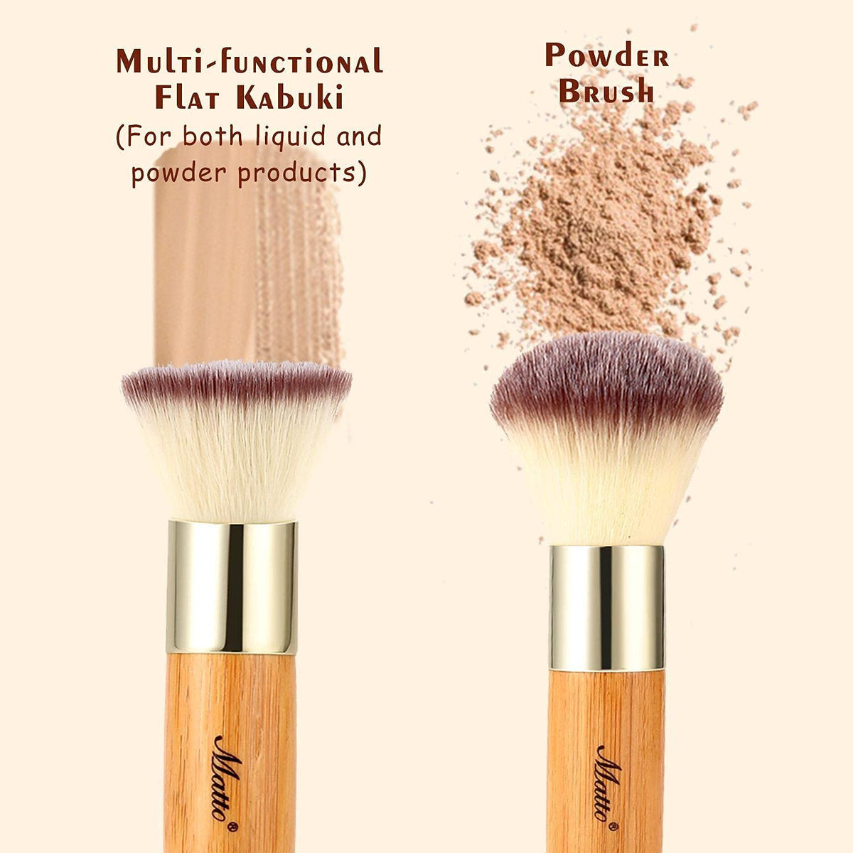 2-Piece Short Makeup Brush Set with Powder and Foundation Brushes | Short bamboo handle makeup brushes for travel. Powder brush for loose or pressed powder. Foundation brush for liquid, cream