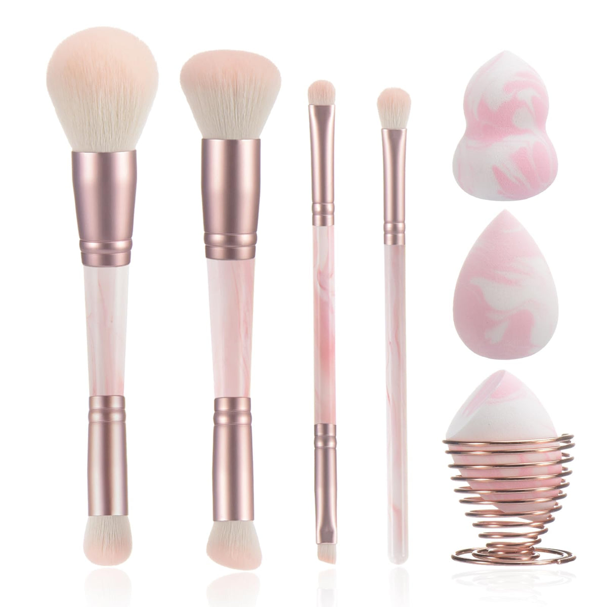 4PCS Gray Dual-Ended Makeup Brushes Set, Professional Powder Blush Concealer Eyeshadow Kabuki Foundation Brush Kit, with Travel Pouch, Soft Vegan Synthetic Bristles