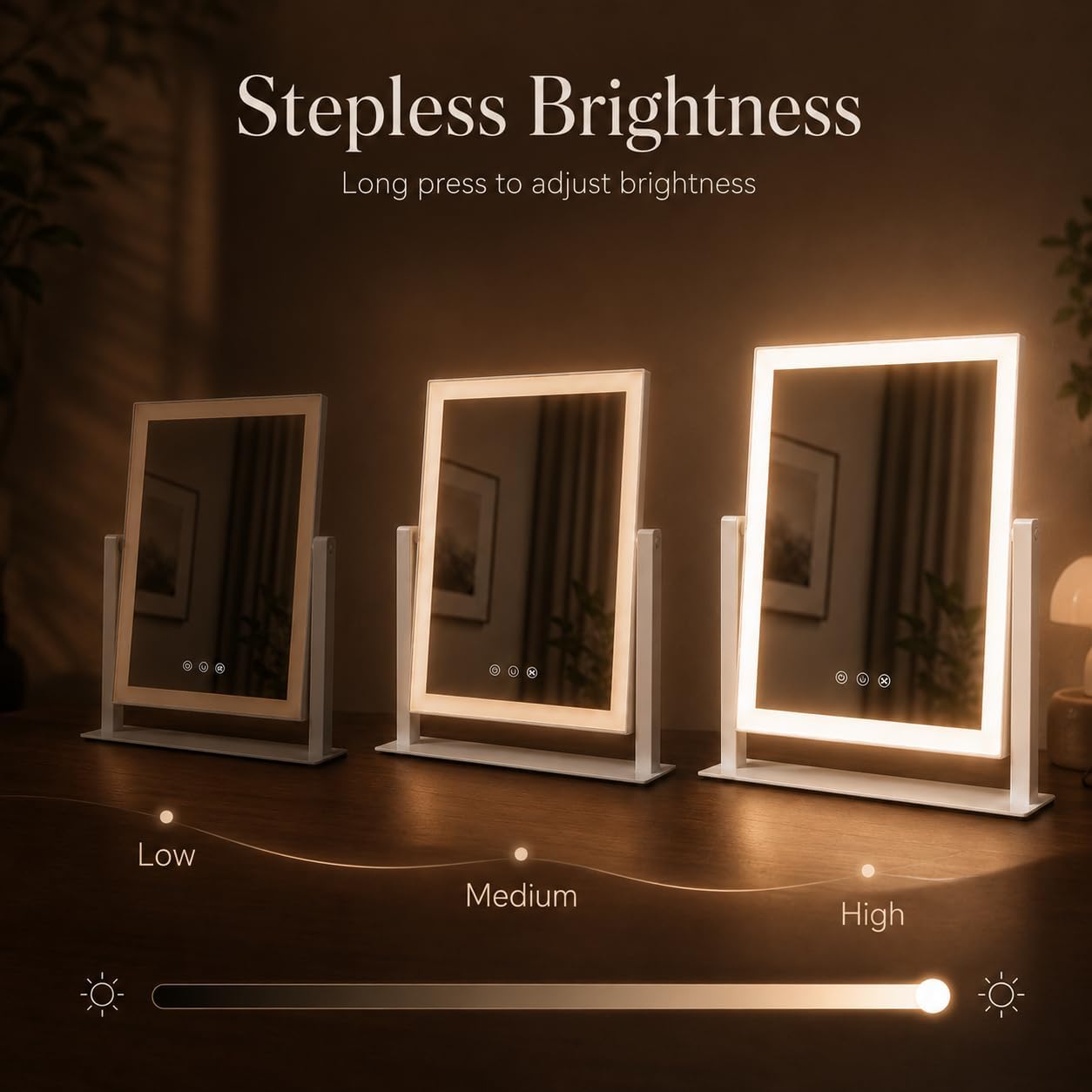 Decadence 17.3 x 13 in Lighted Makeup Mirror, 10X/5X Magnifiers | Plug-in tabletop vanity mirror with 3 color lighting, dimmable touch control, 360° rotation, and removable 10X/5X magnifiers.