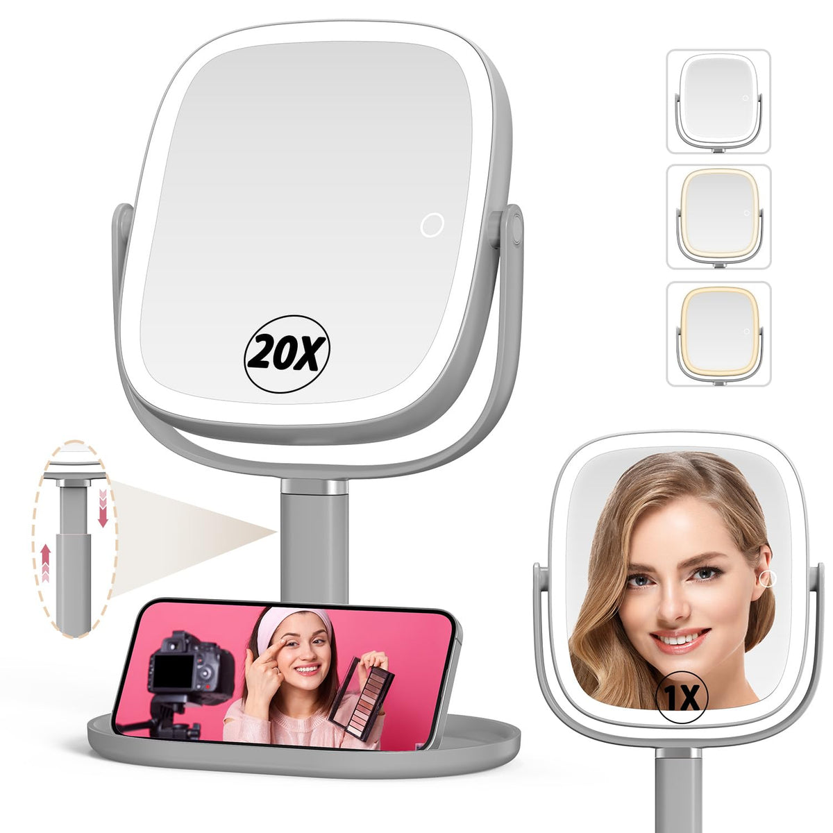 Mocado Makeup Mirror with Lights, 1X/20X Magnifying Mirror with Light | 3 Colors Lights, Phone Holder, 360° Rotation, Height Adjustable, 0-100% Brightness Adjustable, Memory Function (White)