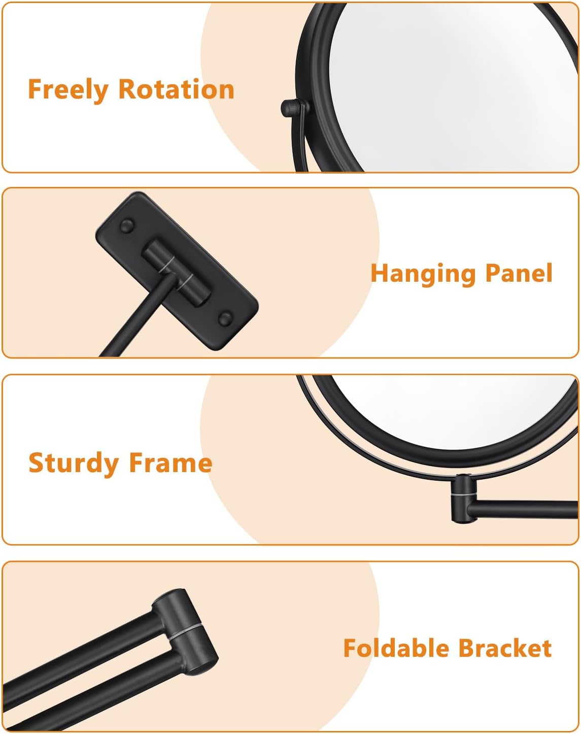 Wall Mounted Makeup Mirror - 1X/10X Magnifying Mirror for Wall, 8 Inch Double Sided 360° Swivel Extendable Bathroom Mirror for Shaving, Black