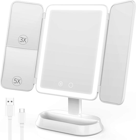 Makeup Mirror with Lights, 1X/3X/5X Magnification Vanity Mirror, 3 Colors Dimmable Soft Light 360° Rotation Smart Touch | Rechargeable Portable Trifold Mirror for Travel/Dorm/Room, Gift for Women