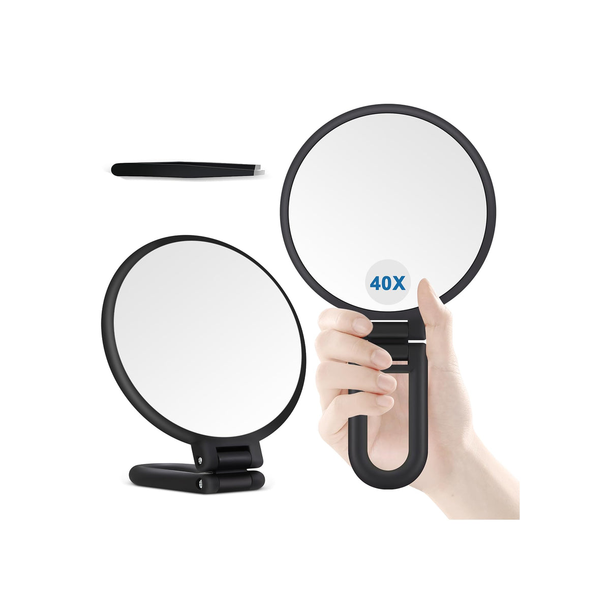 30X Magnifying Mirror, Hand Mirror with Handle, Double Sided Hand Mirror with 30X/1X Magnification, Travel Essential Portable Foldable Makeup Mirror for Precision Makeup Black