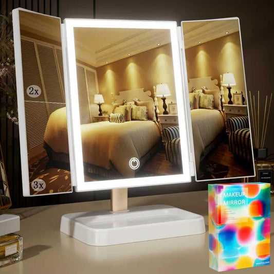 BERTHALESS Makeup Mirror Vanity Mirror with Lights, 1X 2X 3X Magnification | 14.4"L x 9.1"W, 2400mAh,76 LEDs,3-Color Lights, HD View for Skincare,Dorm Essential,Birthday Gifts for Mom,Women,Wife,Girls