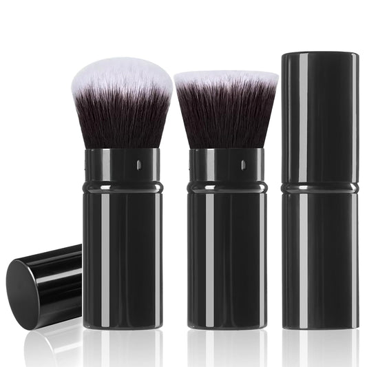 Retractable Kabuki Brush, 2 Pack Travel Foundation Face Makeup Brush Set | Powder Makeup Brushes for Blush, Liquid, Cream, Cosmetics, Loose Powder, Bronzer, with Aluminum Handle, Cover